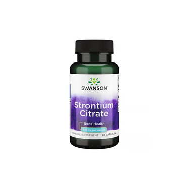 Swanson Strontium Citrate 310 mg, 60 capsules, comes in a bottle with a purple and white label. This supplement provides strontium citrate to help support strong bones.